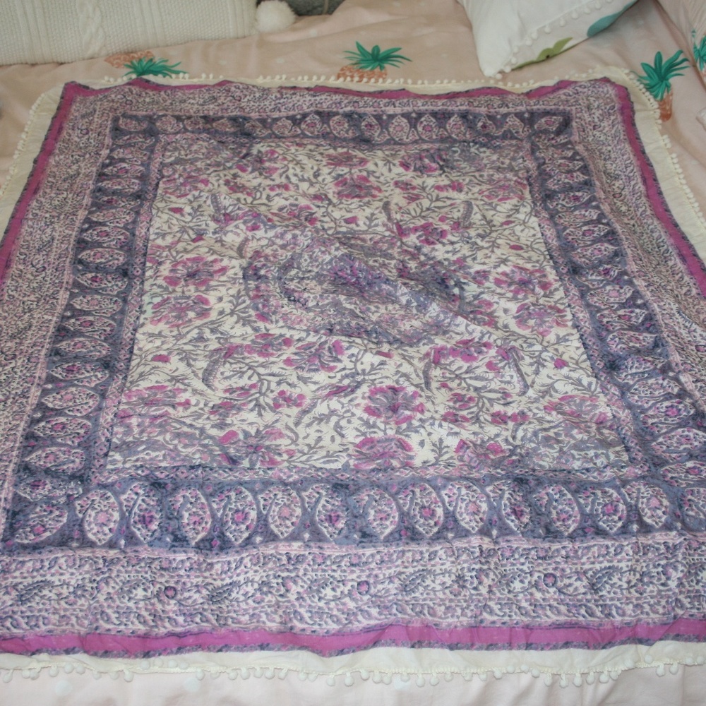 Paisley/Floral Large Scarf with Pom Pom Edge